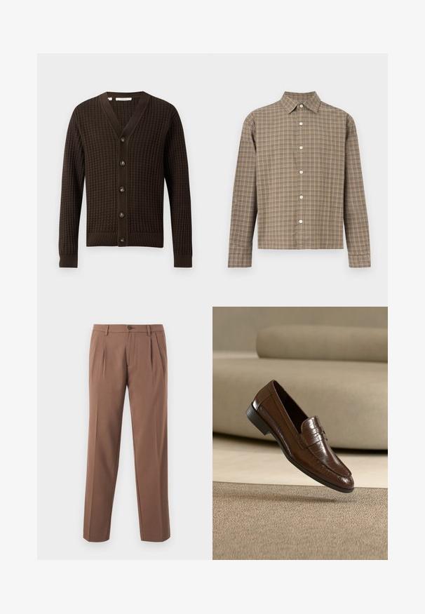 Brun strikket cardigan med V-hals, med et tekstureret mønster, syv knapper ned foran og ribbede manchetter og forneden.; Langærmet skjorte med knapper, i brunt og beige ternet mønster, klassisk krave og hvide knapper ned foran.; Brune plisserede bukser med lige ben-design, der har en enkelt knaplukning og en glat, struktureret stof.; Brun læderloafer med et struktureret mønster, der svæver over et beige tæppe med en matchende beige sofa i baggrunden.