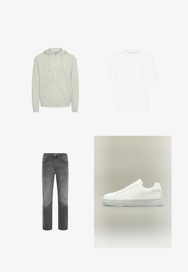 Haut molletonné zippé gris clair en tissu doux, avec une capuche à cordon de serrage, des poches latérales et des poignets côtelés.; T-shirt blanc à manches courtes en coton. Doté d'un col rond, d'une coupe décontractée et sans motifs ni accents visibles. Design simple et épuré.; Jean en denim gris avec une coupe droite, design à cinq poches et une finition légèrement délavée. Comprend une fermeture à bouton et à glissière.; Baskets basses blanches à lacets, doté d'un col rembourré et d'une semelle en caoutchouc texturée, présentées de profil sur un fond neutre.