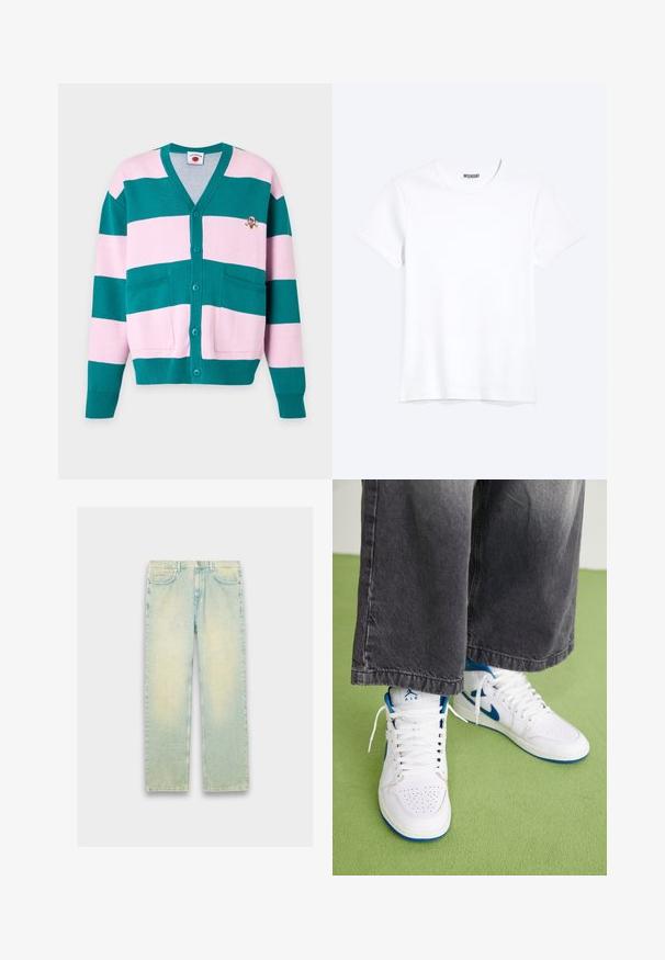 Cardigan med knapper med brede horisontale turkis og lyserøde striber, to forlommer samt et lille broderet isvaffelhoved på brystet.; Enkelt hvid T-shirt med korte ærmer og rund hals med synligt WEEKDAY-mærke i kraven, vist på en lys baggrund.; Lyseblå denimjeans med løs pasform, fem lommer, lynlås og en slidt finish langs lår og knæ.; Hvide højtop sneakers med blå accenter, perforeret tå boks og hvide snørebånd. Båret med løse grå denim bukser på en grøn overflade.