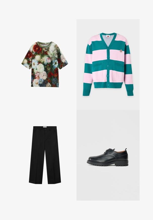 Cárdigan con botones, con anchas franjas horizontales en tonos azul verdoso y rosa, dos bolsillos delanteros y un pequeño parche bordado con una calavera en forma de cucurucho de helado en el pecho.; Camiseta de manga corta con un patrón floral en tonos rojos, blancos, azules y verdes; fabricada con un tejido suave y con un escote redondo.; Pantalones negros de pierna ancha hechos de un material liso, con bolsillos delanteros, cierre de botón y una plancha a lo largo de cada pierna.; Zapatos derby de cuero negro con una textura suave, punta redondeada, diseño de cordones y una suela de goma gruesa y resistente.