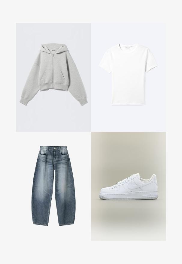 Lichtgrijze hoodie met ritssluiting, voorzakken, lange mouwen, geribbelde manchetten en een capuchon, platliggend tegen een lichte achtergrond.; Effen wit T-shirt met korte mouwen en ronde hals met een klein "WEEKDAY" label aan de binnenkant van de hals, plat neergelegd op een lichte achtergrond.; Wijd gesneden jeans van lichtblauwe denim met vervaging, met een vijf-pocket ontwerp, knoopsluiting en minimale stikdetails.; Witte lage Nike Air Force 1 sneaker met veters, geperforeerde neus en gestructureerde rubberen zool op neutrale achtergrond.
