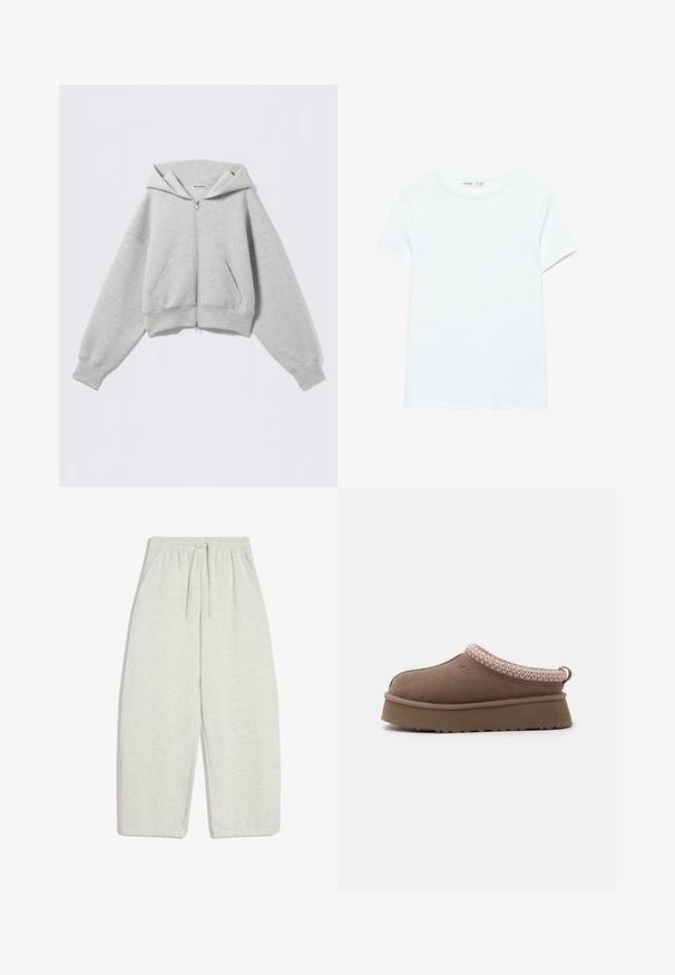 Sweat à capuche gris clair zippé avec poches avant, manches longues, poignets côtelés et capuche, étalé à plat sur un fond clair.; T-shirt blanc uni en coton à manches courtes, col rond, présenté à plat sur un fond blanc, sans motifs ni logos visibles.; Pantalon de jogging gris clair coupe ample avec taille élastique, cordon, poches latérales et poignets élastiques.; Chaussure marron à enfiler avec une semelle épaisse, une bordure à motifs roses et blancs autour de l'ouverture, et le logo UGG sur le côté.