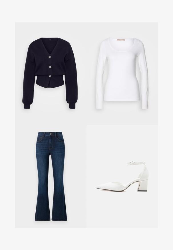 Cardigan court bleu marine en tissu tricot doux. Présente un décolleté en V profond et cinq boutons décoratifs. Manches longues et volumineuses avec des poignets côtelés.; T-shirt en coton blanc à manches longues, avec un col rond et une coupe ajustée, au toucher doux et sans ornement.; TOM TAILOR STELLA denim bleu foncé; Chaussure blanche à bout pointu, talon moyen, bride à la cheville avec boucle, finition lisse, et talon bloc sur un fond clair uni.