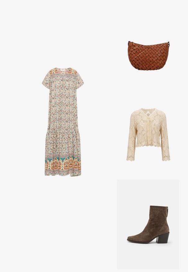 Beige gehäkelte Strickjacke mit Blumenmustern, gewellten Kanten, langen Ärmeln und fünf Knöpfen vorne.; Maxikleid mit floralen Mustern auf cremefarbenem Hintergrund, bunten Blumenmustern, kurzen Ärmeln, rundem Ausschnitt und einem rüschierten Saum.; Braune Wildleder-Stiefeletten mit spitzer Zehe, seitlichem Reißverschluss und klobigem Absatz. Sie verfügen über eine glatte Textur und minimale Nähdetails.; Braune Leder-Umhängetasche mit gewebtem Muster und Reißverschluss oben, vor weißem Hintergrund gezeigt.