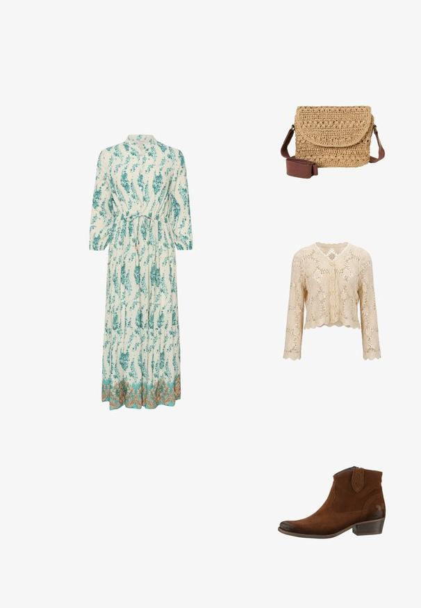 Beige gehäkelte Strickjacke mit Blumenmustern, gewellten Kanten, langen Ärmeln und fünf Knöpfen vorne.; Langes, leichtes Kleid mit floralem Muster in Türkis und Weiß. Es hat einen hohen Ausschnitt, lange Ärmel und einen dekorativen goldenen Saum.; Felmini STIEFELETTE - Cowboy-/Bikerstiefelette - brown; Geflochtene Strohtasche zum Umhängen mit Überschlagklappe und verstellbarem breitem braunem Stoffriemen.
