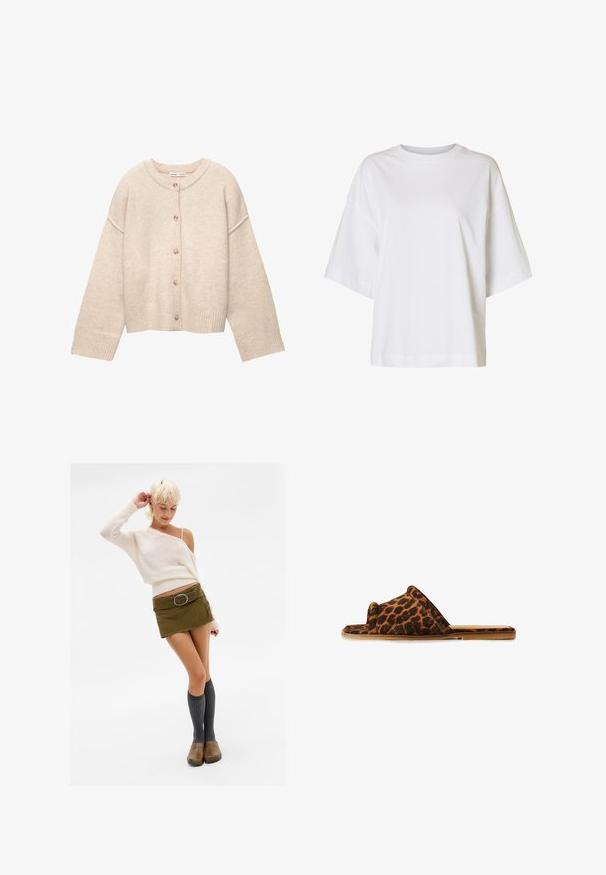 Cardigan en laine beige avec encolure ronde, cinq boutons sur le devant, manches longues et poignets et ourlet côtelés.; T-shirt blanc à manches courtes, coupe ample, épaules tombantes et col rond sur un fond uni.; Femme aux cheveux blonds courts portant un pull crème à épaules dénudées, une mini-jupe verte avec une ceinture, des chaussettes grises montantes jusqu'aux genoux et des sabots marron, posant.; Sandales à semelle plate en daim doux avec un imprimé léopard. Elles présentent une large lanière supérieure, un bout ouvert et une semelle beige.