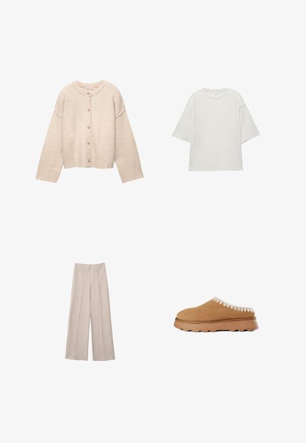 Beige uldcardigan med rund halsudskæring, fem knapper foran, lange ærmer og ribbede manchetter og kant.; Oversized, ensfarvet hvid T-shirt med korte ærmer, rund halsudskæring og nedsænkede skuldersømme, vist på en hvid baggrund.; Beige vide bukser lavet af et blødt stof, med markante for-pletter og en skræddersyet høj talje design, uden synlige lommer.; Brune ruskind slip-on sko med en tekstureret overdel, der har dekorativ beige syning langs kanten og en tykk gummisål.