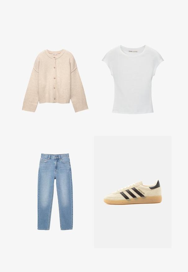 Beige wollen vest met ronde halslijn, vijf knopen aan de voorkant, lange mouwen en geribbelde boorden en zoom.; Witte katoenen T-shirt met korte, opgerolde mouwen, een ronde halslijn en een rechte zoom. Gladde textuur zonder zichtbare patronen of accenten.; Lichtblauwe denim jeans met een hoge taille, voorste knoop, rits en een ontwerp met vijf zakken, plat getoond op een witte achtergrond.; Crèmekleurige suède sneaker met zwarte strepen, rubberen zool, zwart hieltabje en gouden "SPEZIAL" tekst aan de zijkant.