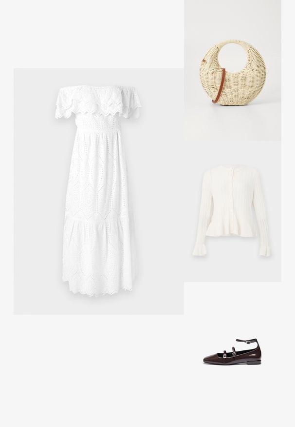 Weißer Strick-Cardigan mit langen Ärmeln, Rundhalsausschnitt, Knopfverschluss, Schößchen und Rüschensäumen.; Weißes schulterfreies Kleid mit gezacktem Spitzenbesatz, besticktem Lochmuster und einem gestuften, fließenden Rock. Weiches Baumwollmaterial.; Braune Lacklederschuhe mit spitzem Zehenbereich, ausgestattet mit zwei verstellbaren Riemen und silbernen Schnallen sowie einem niedrigen, quadratischen Absatz.; Runde gewebte Handtasche aus natürlichem Stroh mit strukturierter Oberfläche. Verfügt über einen glatten braunen Ledergriff und einen runden Henkel.