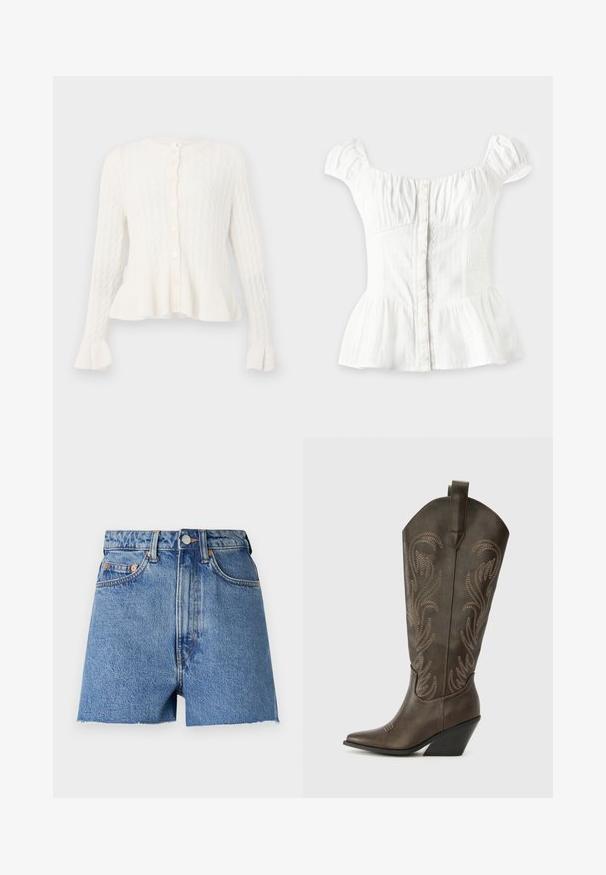 Weißer Strick-Cardigan mit langen Ärmeln, Rundhalsausschnitt, Knopfverschluss, Schößchen und Rüschensäumen.; Weiße kurzärmelige Bluse mit Knopfleiste vorne, geraffter Brust, elastischen Seitenteilen, aufgesetzten Ärmeln und ausgestelltem Peplum-Saum auf hellem Hintergrund.; Helleblaue Jeansshorts mit hoher Taille, ausgefranstem Saum und kupferfarbenen Beschlägen. Ausgestattet mit zwei Vordertaschen und klassischem Fünf-Taschen-Design.; Braune Leder-Cowboystiefel mit einer spitzen Zehe, Wedge-Absatz und dekorativer Stickerei. Besitzt einen hohen Schaft und eine Zuglasche.