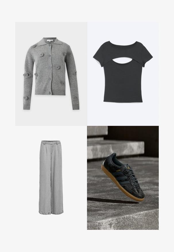 Cardigan gris à boutons avec manches longues, poignets et ourlet côtelés, et motifs tricotés circulaires en relief dispersés sur le devant et les manches.; Haut noir ajusté à manches courtes avec une découpe horizontale sous l'encolure ronde, posé à plat sur un fond clair.; Pantalon large gris clair avec ceinture élastique et passants pour ceinture, présentant des coutures à l'avant et à l'arrière pour la forme.; Baskets Adidas Samba noires avec motif texturé, semelle en gomme et logo doré, positionnées en plein air au-dessus de marches en béton.