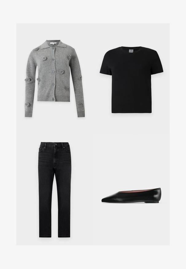 Cardigan gris à boutons avec manches longues, poignets et ourlet côtelés, et motifs tricotés circulaires en relief dispersés sur le devant et les manches.; T-shirt en coton noir avec un col ras du cou et des manches courtes. Design simple, sans motifs ni accents, avec une coupe droite à la taille.; Jean en denim noir avec une coupe droite, taille haute et un design classique à cinq poches. Comprend des passants de ceinture et une fermeture à glissière.; Chaussure plate en cuir noir pour femme, avec bout pointu et petit talon, vue de côté sur un fond gris clair uni.