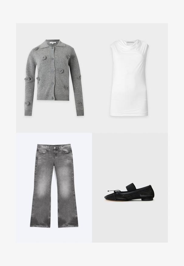 Grijze vest met knopen, lange mouwen, geribde boorden en zoom, en verhoogde ronde breipatronen verspreid over de voorkant en mouwen.; Witte mouwloze top met gedrapeerde halslijn, gemaakt van gladde stof, met label Tiger of Sweden op een effen achtergrond.; Grijs vervaagde wijdvallende spijkerbroek met knoop- en ritssluiting, voor- en achterzakken en riemlussen, plat uitgestald.; Zwarte platte schoen met een spitse neus, gemaakt van gestructureerde stof, met een strikaccent en een kleine, ronde hak. Elastische strap bij de enkel.