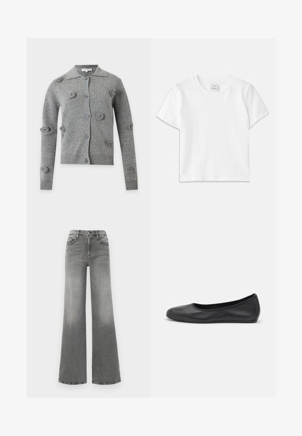 Grå strikcardigan med knapper, lange ærmer, ribmanchetter og -kant, samt hævede cirkulære strikkemønstre spredt over fronten og ærmerne.; Hvid bomulds-t-shirt med rund hals, korte ærmer og lige kant. Mærke med teksten "Won Hundred" placeret i midten af halsudskæringen.; Grå vide ben jeans lavet af denim. Har en høj talje, fire lommer og en let blegd effekt foran for ekstra tekstur.; Sort læderballetsko med rund tå, glat tekstur, minimal syning og et fleksibelt såldesign.
