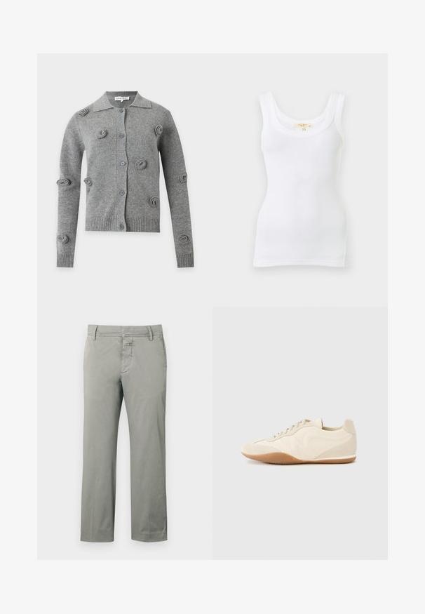 Cardigan gris à boutons avec manches longues, poignets et ourlet côtelés, et motifs tricotés circulaires en relief dispersés sur le devant et les manches.; Débardeur blanc côtelé sans manches avec encolure dégagée, présenté à plat sur un fond clair.; Chinos gris clair en coton, avec une coupe droite, des passants pour ceinture, des poches avant, et une braguette zippée avec fermeture par bouton.; Baskets beige clair avec une tige en cuir texturé, des panneaux latéraux texturés et une semelle en caoutchouc. Dotées d'un design fin et épuré ainsi que de lacets plats.