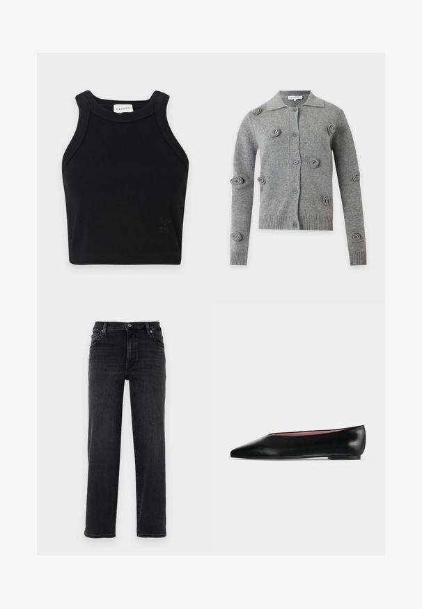Grijze vest met knopen, lange mouwen, geribde boorden en zoom, en verhoogde ronde breipatronen verspreid over de voorkant en mouwen.; Zwart geribbeld crop top met een aansluitend ontwerp, brede schouderbanden en een subtiele logodetail. Gemaakt van rekbaar materiaal voor comfort.; Zwarte denim jeans met een rechte pijp. Kenmerken zijn een knoopsluiting, vijf zakken en minimale stikdetails. Glad oppervlak.; Zwarte leren damesschoen met platte zool, puntige neus en lage hak, zijwaarts afgebeeld tegen een effen lichtgrijze achtergrond.