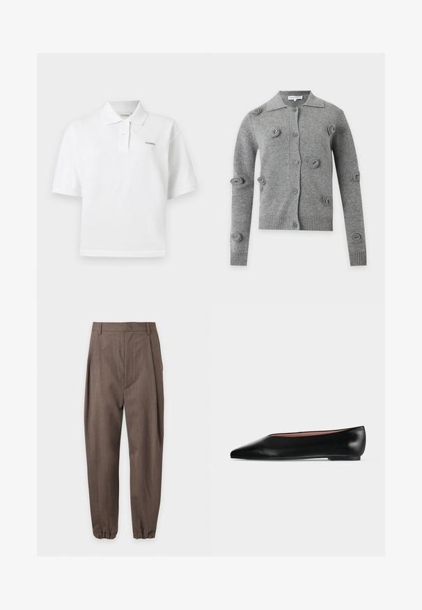 Cardigan gris à boutons avec manches longues, poignets et ourlet côtelés, et motifs tricotés circulaires en relief dispersés sur le devant et les manches.; Polo blanc manches courtes avec col, deux boutons et petit texte "CLOSED" brodé sur la poitrine gauche et à l’intérieur du col.; Pantalon marron sur mesure avec plis, passants pour ceinture et poignets élastiqués, présenté sur fond blanc.; Chaussure plate en cuir noir pour femme, avec bout pointu et petit talon, vue de côté sur un fond gris clair uni.