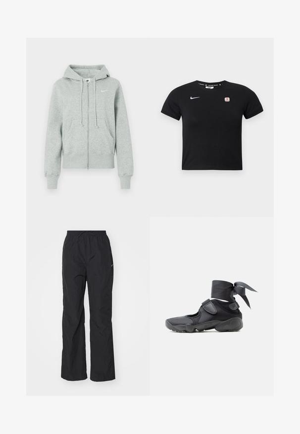 Sudadera de cremallera Nike de color gris claro con capucha, bolsillos frontales, cordones, puños acanalados y logo de Nike en blanco en el pecho.; Top corto negro de manga corta hecho de algodón. Presenta un logo de Nike en blanco y un pequeño emblema rojo y blanco en el pecho izquierdo. Textura lisa.; Pantalones negros ligeros con cintura elástica y cordón. Presentan un acabado texturizado y un pequeño logo reflectante en el costado.; Zapatilla deportiva negra con aberturas, correas de velcro y envoltura en el tobillo atada en un lazo, vista lateral sobre un fondo blanco.