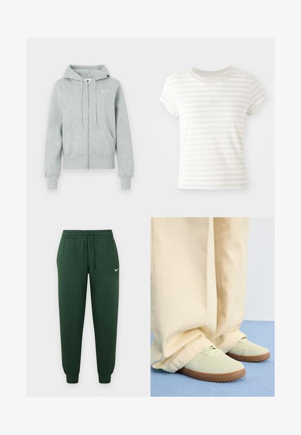 Sudadera de cremallera Nike de color gris claro con capucha, bolsillos frontales, cordones, puños acanalados y logo de Nike en blanco en el pecho.; Camiseta de tirantes cortos a rayas blancas, hecha de algodón suave. Presenta un cuello redondo y un pequeño logo de Nike bordado en el pecho.; Pantalones de chándal verdes con cintura elástica, cordón ajustable y tobillos con puños. Presentan un pequeño logo blanco en la parte superior de la pierna izquierda.; Zapatillas de ante verde con puntas redondeadas y suelas texturizadas, combinadas con pantalones anchos beige, sobre una superficie azul.