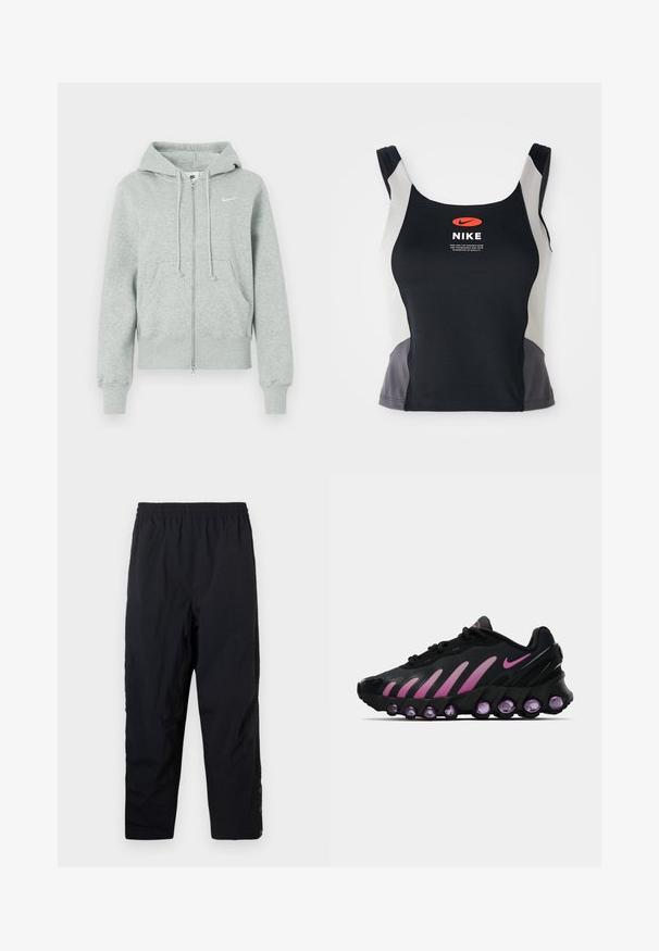 Lys grå Nike zip-up hoodie med hætte, forlommer, snore, ribbede ærmer og hvid Nike swoosh-logo på brystet.; Sorte og grå atletisk tanktop med rund halsudskæring, smalle stropper og et centralt orange Nike-logo trykt på forsiden.; Sort elastiske casual bukser med lige ben og trykknapper ved anklerne på hvid baggrund.; Sorte og lyserøde Nike sneakers med en mesh-overdel, buet design og rund lilla dæmpning i sålen og på siderne.