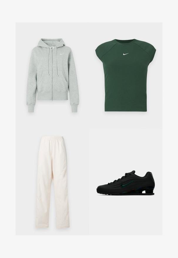 Lys grå Nike zip-up hoodie med hætte, forlommer, snore, ribbede ærmer og hvid Nike swoosh-logo på brystet.; Mørkegrøn ribbet kortærmet atletisk top med rund hals, der har et lille hvidt Nike swoosh-logo på brystet.; Løse, cremefarvede bukser med elastisk talje og lige ben, vist mod en ensfarvet hvid baggrund.; Sort Nike løbesko med mørkegrøn refleksvinkel og struktureret sål, vist i sideprofil på en enkel hvid baggrund.