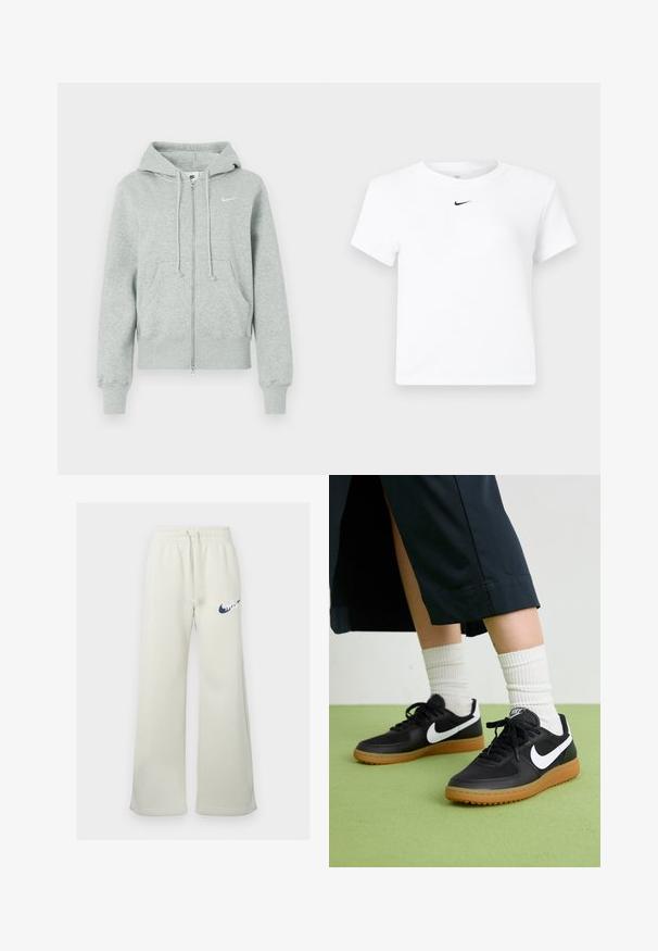 Hellgraue Nike Kapuzenjacke mit Kapuze, Fronttaschen, Kordelzügen, gerippten Bündchen und weißem Nike Swoosh-Logo auf der Brust.; Weißes, kurzärmeliges Nike-Bauchfreies T-Shirt mit einem kleinen schwarzen Nike-Swoosh-Logo, das unterhalb des Halsausschnitts zentriert ist.; Cremfarbene Jogginghose aus Baumwollmischung, mit entspannter Passform, elastischem Bund und Kordelzug sowie einem navyblauen Nike-Logo auf der Vorderseite.; Schwarze Leder- und synthetische Sneakers mit weißem Nike-Swoosh, Gummisohle, runder Spitze und schwarzen Schnürsenkeln. Gestreifte weiße Socken sind sichtbar.