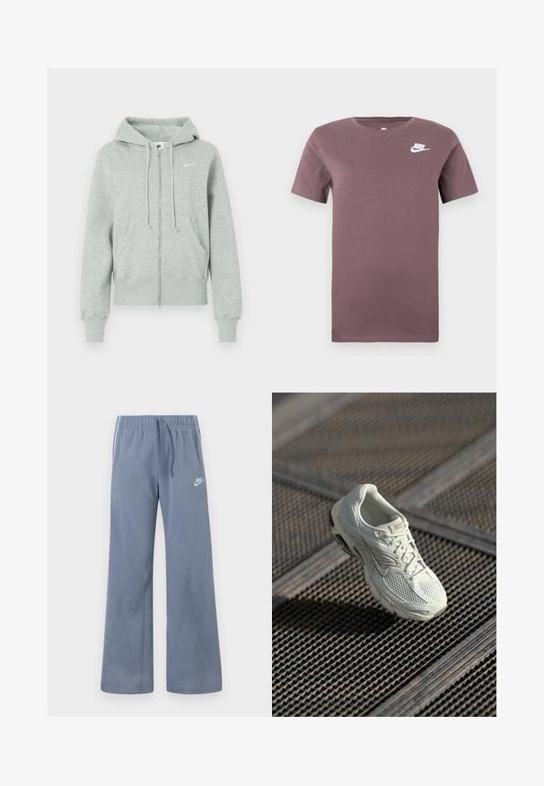 Haut à zip Nike gris clair avec capuche, poches avant, cordons de serrage, poignets côtelés et logo Swoosh blanc sur la poitrine.; T-shirt à col rond à manches courtes Nike violet avec le logo Nike blanc sur la poitrine gauche, sur un fond uni.; Pantalons de survêtement Nike en polaire bleu clair avec taille élastique, cordon de serrage, jambes larges et logo blanc sur la cuisse gauche.; Baskets de course Nike blanches avec une tige en maille et synthétique reposant sur un revêtement de sol en grille métallique, sous une lumière naturelle douce.