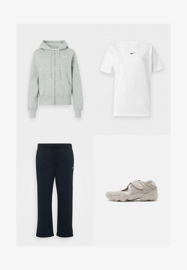 Sudadera de cremallera Nike de color gris claro con capucha, bolsillos frontales, cordones, puños acanalados y logo de Nike en blanco en el pecho.; Camiseta blanca de manga corta con cuello redondo y un pequeño logo negro de Nike Swoosh centrado cerca del cuello.; Pantalones de chándal negros con cintura elástica y cordón ajustable. Presenta un pequeño logo blanco de Nike en el lado izquierdo. Textura de tela suave.; Zapatilla deportiva beige clara con parte superior de malla, correa ajustable y suela acolchada con la etiqueta "AIR", mostrada de perfil sobre fondo blanco.
