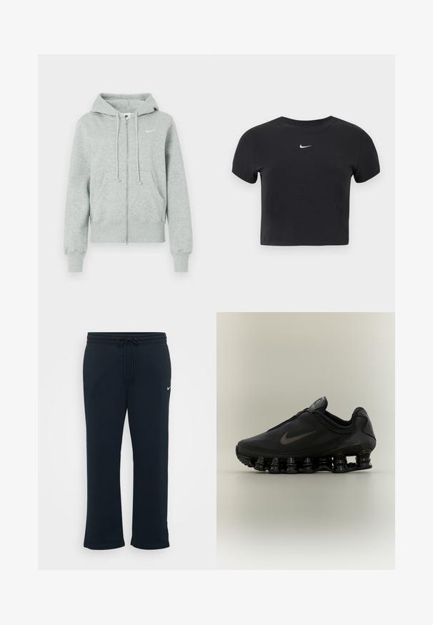 Haut à zip Nike gris clair avec capuche, poches avant, cordons de serrage, poignets côtelés et logo Swoosh blanc sur la poitrine.; T-shirt court noir en coton, avec un col rond et des manches courtes. Logo Nike blanc notable sur la poitrine.; Un pantalon de survêtement noir avec une taille élastique et un cordon de serrage ajustable. Il présente un petit logo Nike blanc sur le côté gauche. Texture de tissu douce.; Baskets Nike noires avec tige zippée et semelle segmentée distinctive en forme de ressort, présentées de profil sur un fond neutre.