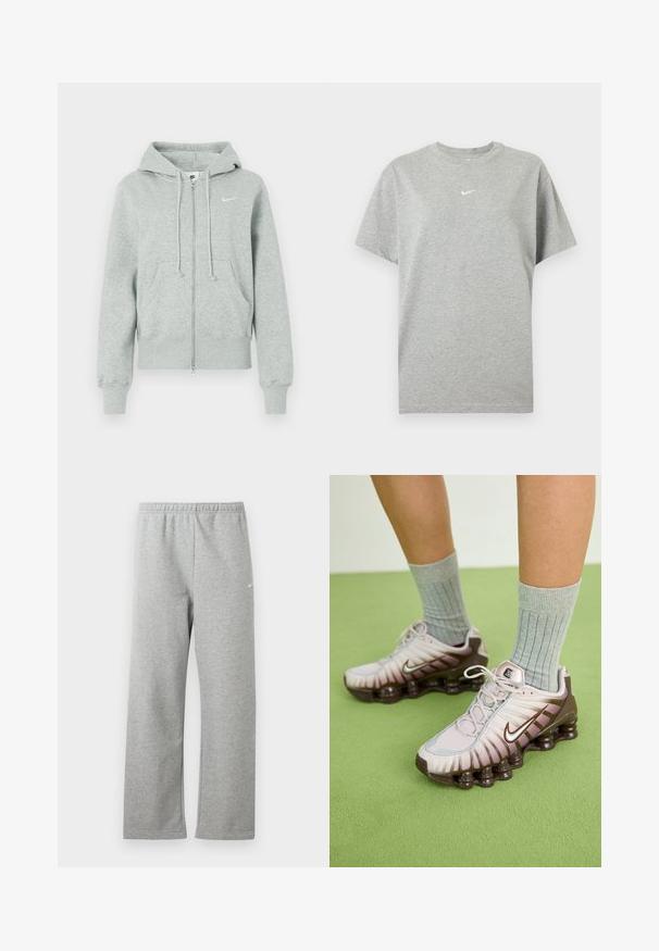 Lichtgrijze Nike trainingsjack met rits, capuchon, voorzakken, trekkoorden, geribbelde manchetten en wit Nike swoosh-logo op de borst.; Grijs katoenen T-shirt met korte mouwen, ronde hals en klein wit Nike swoosh-logo in het midden van de borst.; Lichtgrijze joggingbroek met elastische tailleband en een klein wit Nike-logo op het bovenbeen, plat liggend tegen een witte achtergrond.; Nike-sneakers in lichtroze en bruin, met een gestructureerde bovenkant, gelaagd ontwerp en een dempende buitenzool met zichtbare luchtunits.