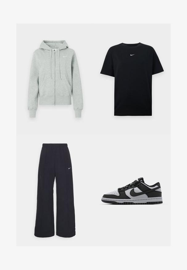 Sudadera de cremallera Nike de color gris claro con capucha, bolsillos frontales, cordones, puños acanalados y logo de Nike en blanco en el pecho.; Camiseta de algodón negra con cuello redondo y mangas cortas. Cuenta con un pequeño logo blanco de Nike centrado en el pecho. Textura suave.; Pantalones de pierna ancha negros con una cintura elástica y un pequeño logo blanco de Nike. La tela tiene una textura suave, diseñada para la comodidad y el uso casual.; Zapatillas bajas Nike Dunk en negro y gris, con punta perforada, detalles en cuero liso y suela de goma que presenta un patrón de tracción texturizado.