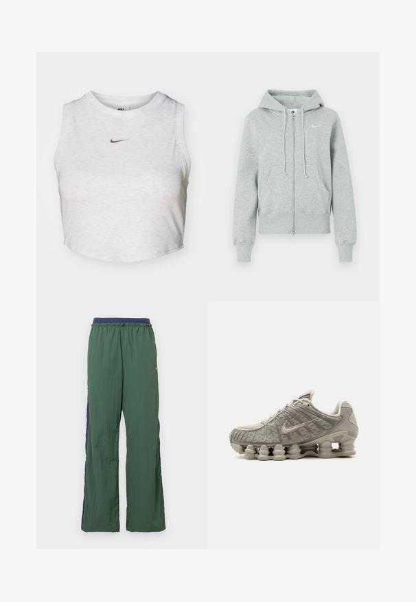 Sudadera de cremallera Nike de color gris claro con capucha, bolsillos frontales, cordones, puños acanalados y logo de Nike en blanco en el pecho.; Top corto blanco hecho de una tela suave y texturizada. Presenta un cuello redondo y un diseño sin mangas, con un pequeño logotipo dorado de Nike en la parte delantera.; Pantalones deportivos verdes con diseño de pierna ancha, con una cintura y un panel lateral en azul marino, hechos de tela ligera y texturizada.; Zapatilla Nike Shox beige clara con suela acolchada visible en forma de columna y detalles en malla en la parte superior.
