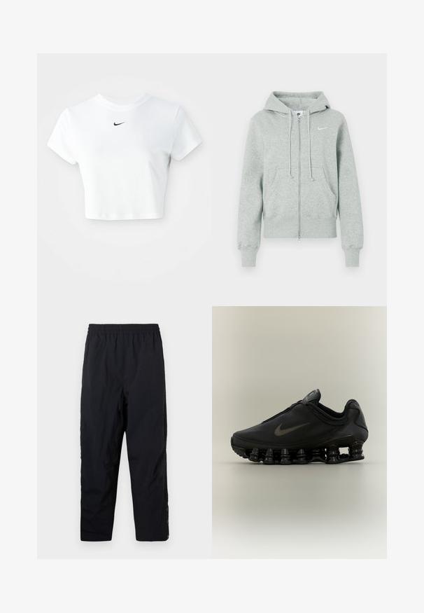 Sudadera de cremallera Nike de color gris claro con capucha, bolsillos frontales, cordones, puños acanalados y logo de Nike en blanco en el pecho.; Camiseta corta blanca de algodón, con mangas cortas y cuello redondo, y un logo negro de Nike en el pecho.; Pantalones casuales negros de cintura elástica con piernas rectas y botones a presión en el tobillo sobre un fondo blanco liso.; Zapatilla negra Nike con parte superior con cremallera y suela distintiva segmentada en forma de resorte, mostrada de perfil sobre un fondo neutro.