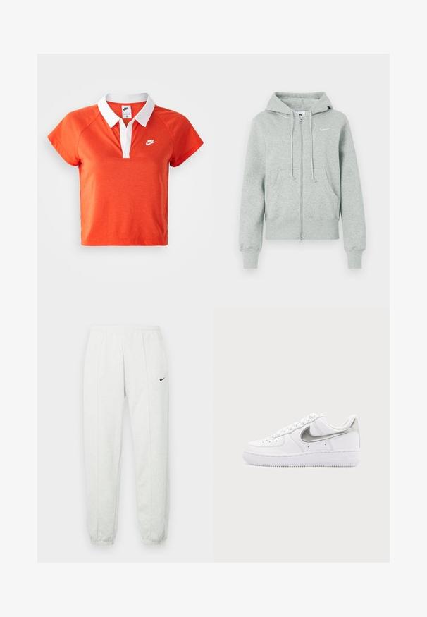 Lichtgrijze Nike trainingsjack met rits, capuchon, voorzakken, trekkoorden, geribbelde manchetten en wit Nike swoosh-logo op de borst.; Oranje poloshirt met een witte kraag, korte mouwen en wit Nike-logo op de linkerborst. Gemaakt van een zachte katoenen mix.; Lichtgrijze Nike joggingbroek met een elastische tailleband, taps toelopende boorden en een klein zwart logo op de linker dij. Zachte, gestructureerde stof.; Witte lage sneaker met metallic zilveren Nike-swoosh en witte veters op een effen lichtgrijze achtergrond.
