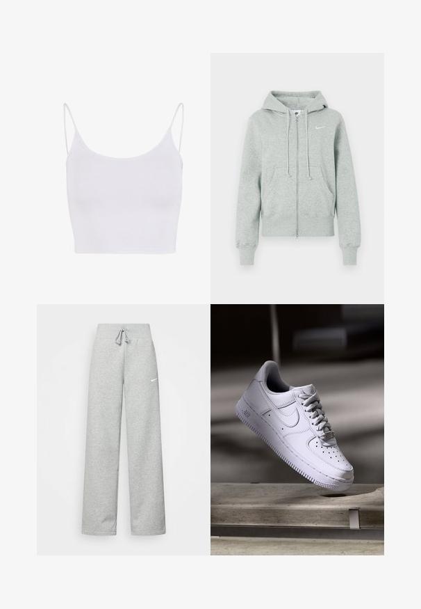Haut à zip Nike gris clair avec capuche, poches avant, cordons de serrage, poignets côtelés et logo Swoosh blanc sur la poitrine.; Haut camisolé blanc avec de fines bretelles réglables, une coupe ajustée et une texture lisse et extensible sans motifs ni embellissements.; Pantalon de survêtement gris avec une taille élastique, un détail de cordon de serrage et un petit logo Nike blanc sur la cuisse gauche. Tissu doux, coupe ample.; Baskets Nike Air Force 1 blanches lévitant au-dessus d'une surface en béton avec des ombres dans un cadre minimaliste.