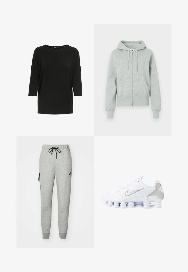 Sudadera de cremallera Nike de color gris claro con capucha, bolsillos frontales, cordones, puños acanalados y logo de Nike en blanco en el pecho.; Camiseta negra de manga larga hecha de un tejido suave y texturizado. Cuenta con un cuello redondo y un corte holgado con mangas de tres cuartos.; Pantalones de chándal grises de tejido suave con cintura ajustable por cordón, piernas ajustadas y un bolsillo con cremallera en el lado izquierdo. Presenta un logo negro.; Zapatillas deportivas blancas con parte superior de malla, acentos plateados y un diseño de suela de bobina único. Cuenta con un collar acolchado y cierre de cordones para un buen ajuste.