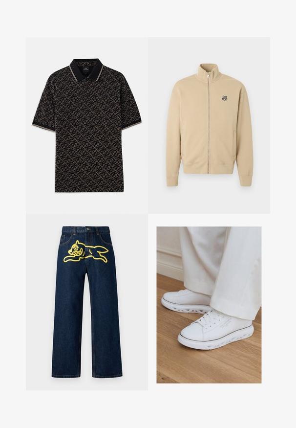Beige jakke med lynlås, høj krave og lille broderet ulvehovedlogo på venstre bryst, med ribbede manchetter og sidelommer.; Sort polo skjorte med et geometrisk guld mønster, korte ærmer og en klassisk krave med diskrete stribede detaljer.; Mørkeblå denim jeans med et stort gult grafisk motiv af en springende karakter på baglommen. Lige ben design med standard syninger.; Hvide lave sneakers med unikke udskårne såler båret med lystfarvede bukser på et trægulv.