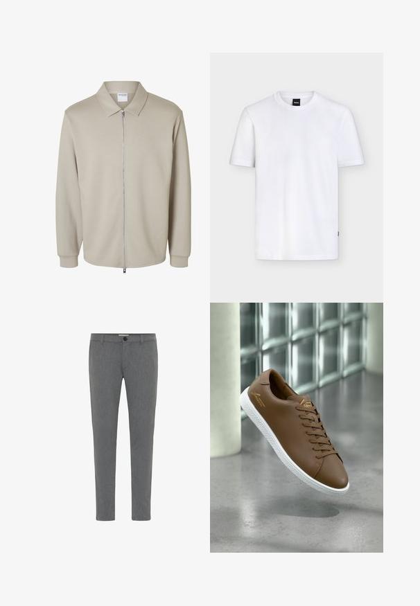 Lysebeige jakke med lange ærmer, forreste lynlås og spids krave, der viser en "Selected Homme" label inde i kraven.; Enkelt hvid T-shirt med korte ærmer og rund halsudskæring, med et lille sort mærke ved kraven og subtil tekstur i stoffet.; Grå skræddersyede bukser lavet af struktureret stof, med en standard talje med bæltestropper, lynlåsfront og enkelt knappelukning.; Brun lædersneaker med hvid tekstureret sål og brune snørebånd, svævende over en glat betongulv nær en glasblokvæg.