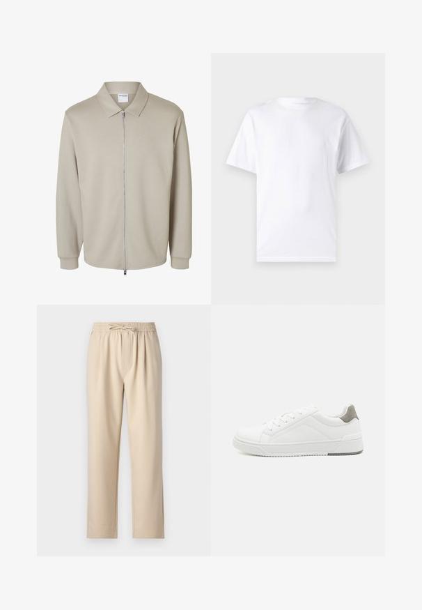 Veste beige clair à manches longues avec une fermeture éclair devant et un col pointu, montrant une étiquette "Selected Homme" à l’intérieur du col.; T-shirt blanc à manches courtes en coton avec un col rond, présentant une texture lisse et un design simple, sans motifs ni accents.; Pantalons beiges avec une taille élastique à cordon de serrage, design à jambe droite et texture de tissu douce et lisse.; Basket blanche en cuir lisse, à bout arrondi, design minimaliste, accent de talon gris et semelle en caoutchouc texturé.