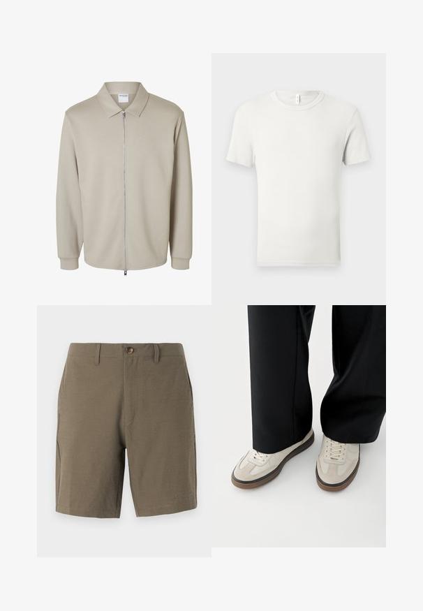 Vaaleabeige pitkähiha jacket, jossa edessä vetoketju ja terävä kaulus, kauluksen sisäpuolella näkyy "Selected Homme" -merkki.; Yksinkertainen valkoinen lyhythihainen pikeepaita, jossa on pyöreä pääntie, aseteltu tasaisesti vaaleanharmaalle taustalle, kauluksen lähellä pieni kangastunniste.; Oliivinvihreät shortsit, jotka on valmistettu teksturoidusta kankaasta. Shortseissa on napitus etupuolella ja litteä etuosa, sekä sivutaskut toiminnallisuutta varten.; Jalat, joissa on beigejä tennareita ruskeilla pohjilla ja mustat leveälahkeiset housut valkoisella taustalla.