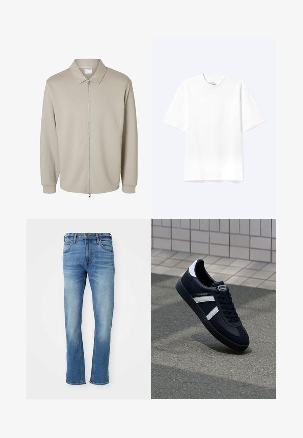 Vaaleabeige pitkähiha jacket, jossa edessä vetoketju ja terävä kaulus, kauluksen sisäpuolella näkyy "Selected Homme" -merkki.; Yksinkertainen valkoinen lyhythihainen pyöreäkauluspaita, väljähkössä istuvuudessa, esitetty vaalealla taustalla.; Vaaleansiniset farkut suoran leikkauksen omaavina, joissa on klassinen viiden taskun muotoilu, hienovarainen kuluminen ja erottuvat ompelusaumat.; Mustat nahkakengät valkoisilla raidoilla, teksturoitu kumipohja ja nauha edessä. Varustettu merkkitarralla kielen päällä.