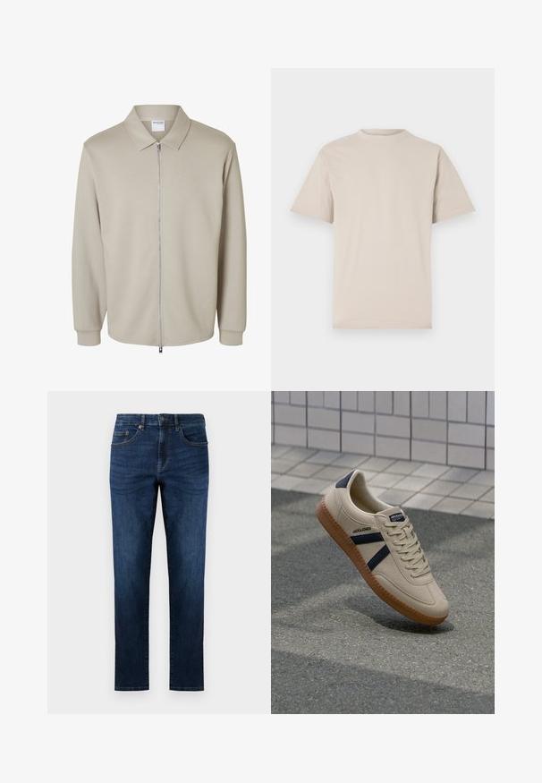 Hellbeige Langarmjacke mit Frontreißverschluss und spitzem Kragen, mit einem "Selected Homme" Etikett innen am Kragen.; Beige T-Shirt mit kurzen Ärmeln, Rundhalsausschnitt, aus glattem Baumwollstoff, mit lässiger Passform und ohne sichtbare Muster oder Verzierungen.; Dunkelblaue Jeans aus Denim mit geradem Bein, fünf Taschen, gestickten Details und einem klassischen Knopfverschluss.; Beige Sneaker mit strukturierter Oberfläche, dunkelblauen Streifen und Gummisohle. Verfügt über eine gepolsterte Zunge und ein traditionelles Schnürsystem für einen sicheren Sitz.