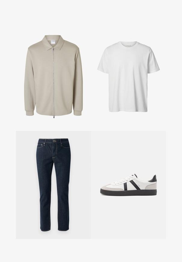 Chaqueta de manga larga beige clara con cremallera frontal y cuello puntiagudo, mostrando una etiqueta "Selected Homme" dentro del cuello.; Camiseta blanca lisa de manga corta con cuello redondo, corte holgado y sin logos o diseños visibles en el frente.; Vaqueros de mezclilla azul oscuro con un diseño de pierna recta, que cuentan con un cierre de botón, cinco bolsillos y costuras en contraste. Textura suave.; Zapatilla blanca con acentos en negro y gris, que presenta una puntera texturizada en gris, suela de goma negra y cordones planos blancos. Diseño limpio, estilo minimalista.