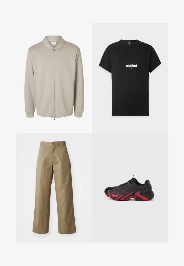 Hellbeige Langarmjacke mit Frontreißverschluss und spitzem Kragen, mit einem "Selected Homme" Etikett innen am Kragen.; Schwarzes T-Shirt mit kurzen Ärmeln, weißem "The North Face" Logo und "Never Stop Exploring" Text, zentriert auf der Brust.; Khakifarbene weit geschnittene Hosen aus Baumwollmischgewebe, mit einem einzelnen Knopfverschluss und sichtbaren Seitentaschen. Glatte Textur, Faltendetails.; Schwarz-rotfarbener Sportschuh mit strukturiertem Obermaterial und Musterdetails, Schnürverschluss und dicker Gummisohle.