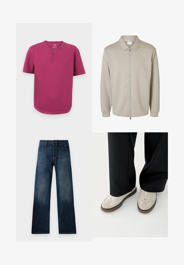 Veste beige clair à manches longues avec une fermeture éclair devant et un col pointu, montrant une étiquette "Selected Homme" à l’intérieur du col.; T-shirt henley à manches courtes dans une couleur magenta vive. Présente un col rond, une patte de boutonnage à trois boutons et un ourlet légèrement incurvé. Texture douce.; Jeans en denim bleu foncé avec une coupe droite, présentant une texture légère, des passants de ceinture, et un style classique à cinq poches.; Pieds portant des baskets beige avec des semelles marron et un pantalon noir à jambes larges sur fond blanc.