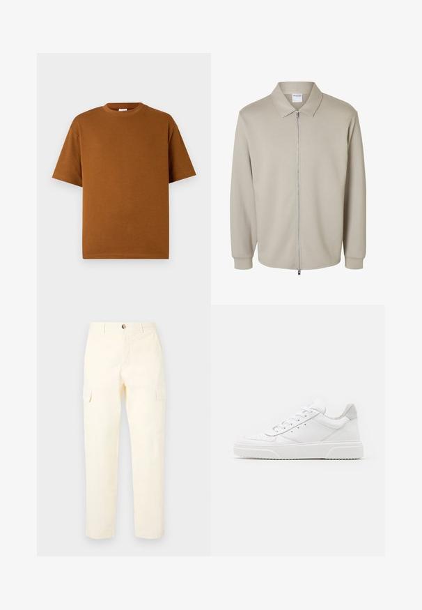 Lichtbeige jas met lange mouwen, een rits aan de voorkant en een puntige kraag, met een "Selected Homme" label aan de binnenkant van de kraag.; Bruin t-shirt met korte mouwen, gemaakt van zachte stof, met een ronde halslijn en een ontspannen pasvorm met rechte onderrand. Geen zichtbare patronen of accenten.; Lichtgele cargobroek van katoen, voorzien van zijzakken en een recht model, met een knoopsluiting in de taille.; Witte leren sneakers met een gladde afwerking, ronde neus, platte veters en een gestructureerde zool. Grijze suède accent bij de hiel.