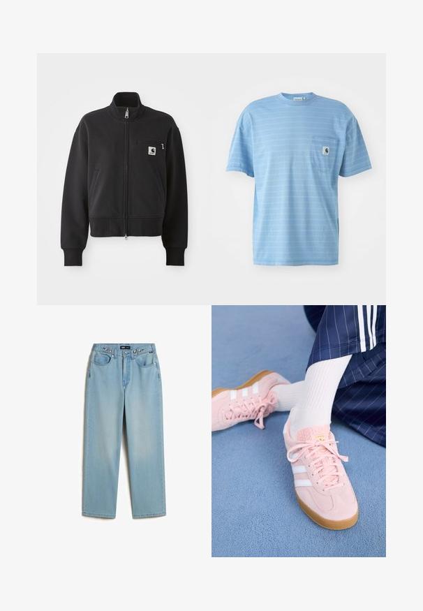 Sort zip-up jakke i en cropped design, med høj krave, frontlommer og en lille brystlomme med logoaccent. Blød stoftekstur.; Lysblå, kortærmet t-shirt med horisontale striber. Har en brystlomme med et logo-patch. Lavet af blødt bomuldsstof.; Vans CINCHED CHECK - Baggy jeans - light stonewash; Lyserøde ruskinds sneakers med hvide striber og snørebånd, udstyret med en struktureret tunge og en gummisål, placeret på et blåt tæppe.