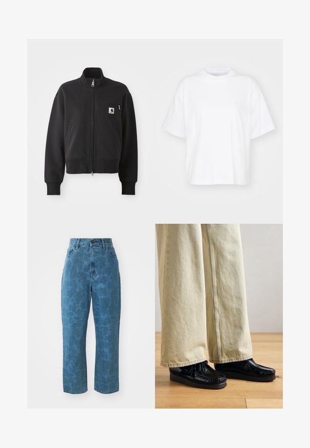 Schwarze, cropped Zip-Jacke mit hohem Kragen, Vorderentaschen und einer kleinen Brusttasche mit Logo-Akzent. Weicher Stoff.; Weißes Baumwoll-T-Shirt mit Rundhalsausschnitt, kurzen Ärmeln und lockerer Passform. Verfügt über ein dezentes Logo auf der linken Brustseite. Glatte Textur.; Hellblaue Jeans aus Denim mit subtiler gemusterter Textur, hoher Taille und geradem Bein. Mit einem vorderen Knopf- und Reißverschluss.; Schwarze Lackleder-Schuhe mit einer strukturierten Plateausohle, ausgestattet mit einer Schnürung und gestickten Details. Getragen mit hellbeigen weiten Hosen.