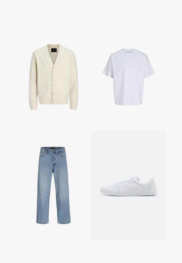 Cardigan beige clair en tricot doux, avec un col en V, des manches longues et une fermeture à six boutons avec des détails texturés.; T-shirt blanc uni oversize à manches courtes, col rond et coupe ample sur fond blanc.; Jean en denim bleu clair avec une taille haute, une coupe droite, cinq poches et une fermeture à bouton. Lavage classique avec un léger effet usé.; Baskets en toile blanches avec une semelle en caoutchouc, dotées de six œillets, d'un embout texturé et d'un design minimaliste.