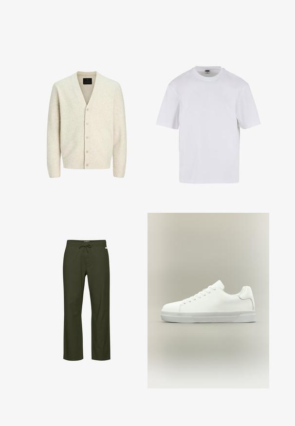 Cárdigan beige claro hecho de un suave tejido de punto, con escote en V, mangas largas y cierre de seis botones con detalles texturizados.; Camiseta blanca de manga corta hecha de algodón. Presenta un cuello redondo y un ajuste holgado. Textura suave, diseño minimalista, sin patrones ni adornos.; Pantalones verde oliva con cintura de cordón, diseño de pierna recta, textura de tela suave y una etiqueta de logo sutil en el frente.; Zapatilla blanca de corte bajo con cierre de cordones, cuello acolchado y suela de goma texturizada, mostrada de perfil sobre un fondo neutro.